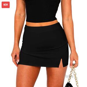 Stretchy Bodycon Mini Skirt with Built-in Shorts, Side Split, Mid Waist, Size
